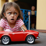 **

A 4-year-old girl looking disappointed because she can't reach the gas pedal in a friend's toy car. Focus on the girl's expression and the toy car setting.

**