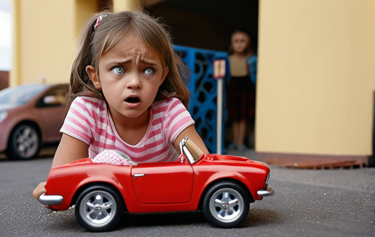 **

A 4-year-old girl looking disappointed because she can't reach the gas pedal in a friend's toy car. Focus on the girl's expression and the toy car setting.

**