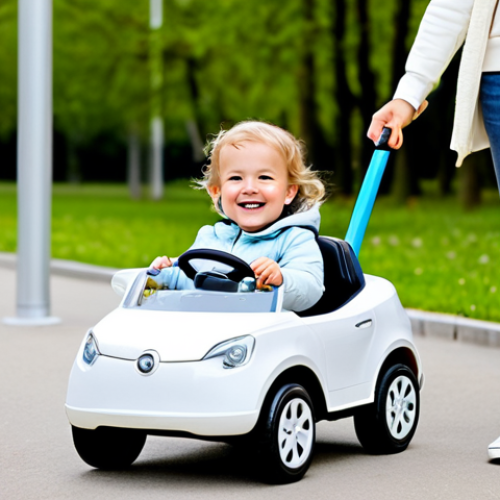A cheerful toddler, fully clothed in modest, bright children's play clothes, sits comfortably in a small, well-designed white electric toy car with a secure seatbelt. The car is on a smooth, clean park pathway under soft daylight. A parent, fully clothed in appropriate, casual attire, stands a short distance away, gently holding a remote control. The scene is bright and conveys a sense of family-friendly joy and safety. Perfect anatomy, correct proportions, natural pose, well-formed hands, proper finger count, natural body proportions. Safe for work, appropriate content, fully clothed, family-friendly.