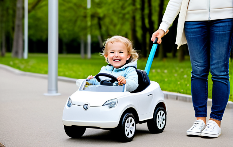 A cheerful toddler, fully clothed in modest, bright children's play clothes, sits comfortably in a small, well-designed white electric toy car with a secure seatbelt. The car is on a smooth, clean park pathway under soft daylight. A parent, fully clothed in appropriate, casual attire, stands a short distance away, gently holding a remote control. The scene is bright and conveys a sense of family-friendly joy and safety. Perfect anatomy, correct proportions, natural pose, well-formed hands, proper finger count, natural body proportions. Safe for work, appropriate content, fully clothed, family-friendly.