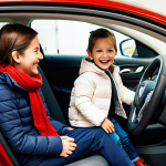 A happy young child, approximately 4-5 years old, fully clothed in a warm, modest winter coat and pants, joyfully sitting inside a new, red child's electric car. An adult, professional-looking parent, also fully clothed in appropriate attire (modest sweater and trousers), stands beside the car, smiling gently. The scene takes place indoors in a modern, brightly lit retail store aisle, with shelves of other children's toys visible in the blurred background. The focus is on the child's excitement and the successful purchase. Professional studio photography, soft natural lighting, high resolution, perfect anatomy, correct proportions, natural pose, well-formed hands, proper finger count, natural body proportions, safe for work, appropriate content, fully clothed, professional, family-friendly.
