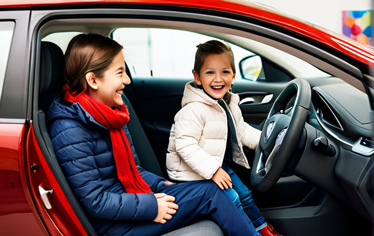 A happy young child, approximately 4-5 years old, fully clothed in a warm, modest winter coat and pants, joyfully sitting inside a new, red child's electric car. An adult, professional-looking parent, also fully clothed in appropriate attire (modest sweater and trousers), stands beside the car, smiling gently. The scene takes place indoors in a modern, brightly lit retail store aisle, with shelves of other children's toys visible in the blurred background. The focus is on the child's excitement and the successful purchase. Professional studio photography, soft natural lighting, high resolution, perfect anatomy, correct proportions, natural pose, well-formed hands, proper finger count, natural body proportions, safe for work, appropriate content, fully clothed, professional, family-friendly.