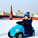 **

A young boy, fully clothed in a warm winter coat and hat, is riding a toy electric car in a snow-covered park in Moscow. The Kremlin is visible in the background. Safe for work, appropriate content, modest clothing, family-friendly. Perfect anatomy, correct proportions, natural pose, well-formed hands, proper finger count, natural body proportions. Professional photography, high quality.

**