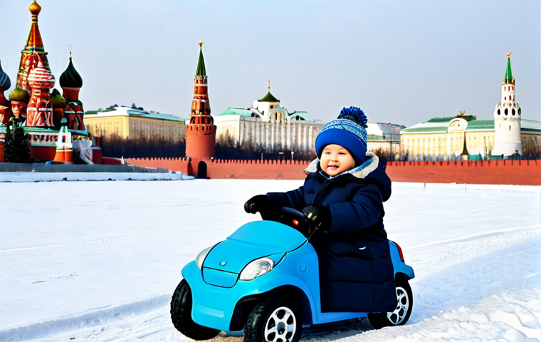 **

A young boy, fully clothed in a warm winter coat and hat, is riding a toy electric car in a snow-covered park in Moscow. The Kremlin is visible in the background. Safe for work, appropriate content, modest clothing, family-friendly. Perfect anatomy, correct proportions, natural pose, well-formed hands, proper finger count, natural body proportions. Professional photography, high quality.

**