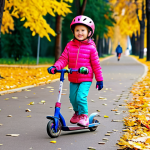 **

A young girl (approximately 6 years old) wearing a bright pink helmet, knee pads, and elbow pads, fully clothed in a colorful, age-appropriate tracksuit. She is riding a scooter on a smooth, paved path in a park in Moscow during the autumn. Fallen leaves are scattered around. In the background, there are trees with yellow and orange leaves, and other families are walking. Safe for work, appropriate content, fully clothed, family-friendly, professional quality, perfect anatomy, natural proportions, well-formed hands.

**
