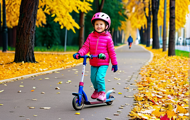 **

A young girl (approximately 6 years old) wearing a bright pink helmet, knee pads, and elbow pads, fully clothed in a colorful, age-appropriate tracksuit. She is riding a scooter on a smooth, paved path in a park in Moscow during the autumn. Fallen leaves are scattered around. In the background, there are trees with yellow and orange leaves, and other families are walking. Safe for work, appropriate content, fully clothed, family-friendly, professional quality, perfect anatomy, natural proportions, well-formed hands.

**