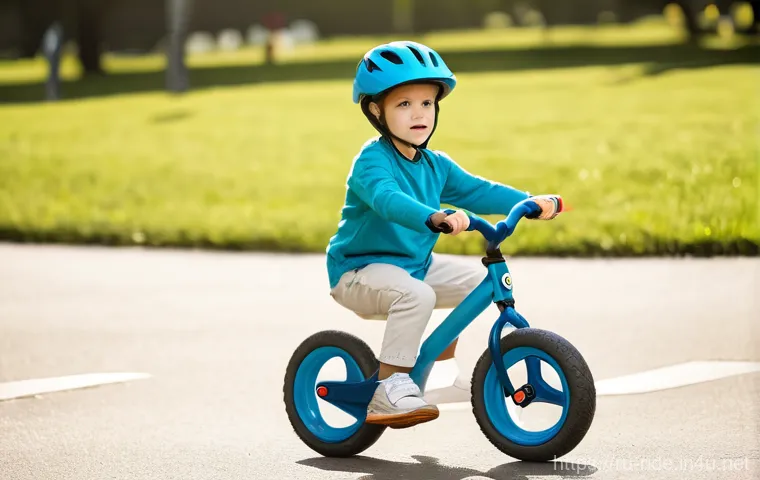 승용완구 부모 평점 - 5 years old, with a wide, enthusiastic smile, confidently riding a brightly colored three-wheeled sc...