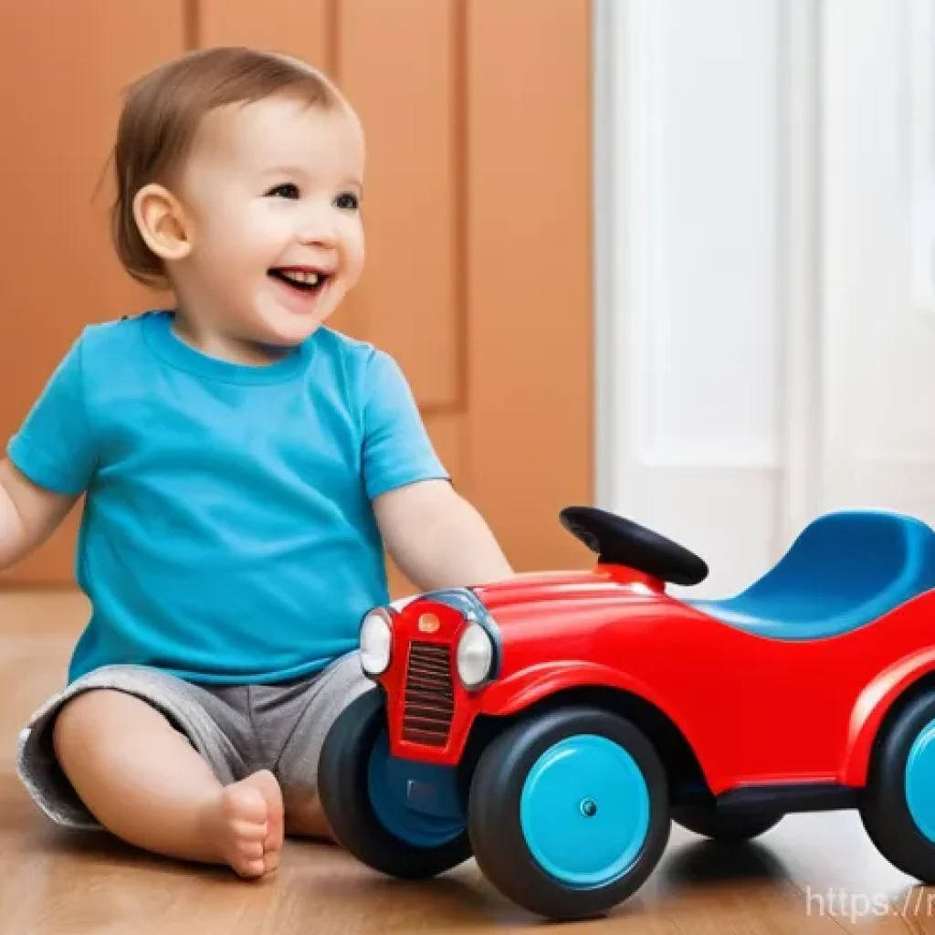 승용완구 미끄럼 방지 - **Prompt:** A cheerful toddler, around 3 years old, confidently riding a vibrant red push car indoor...