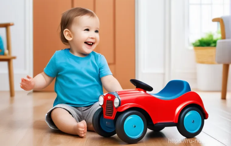 승용완구 미끄럼 방지 - **Prompt:** A cheerful toddler, around 3 years old, confidently riding a vibrant red push car indoor...