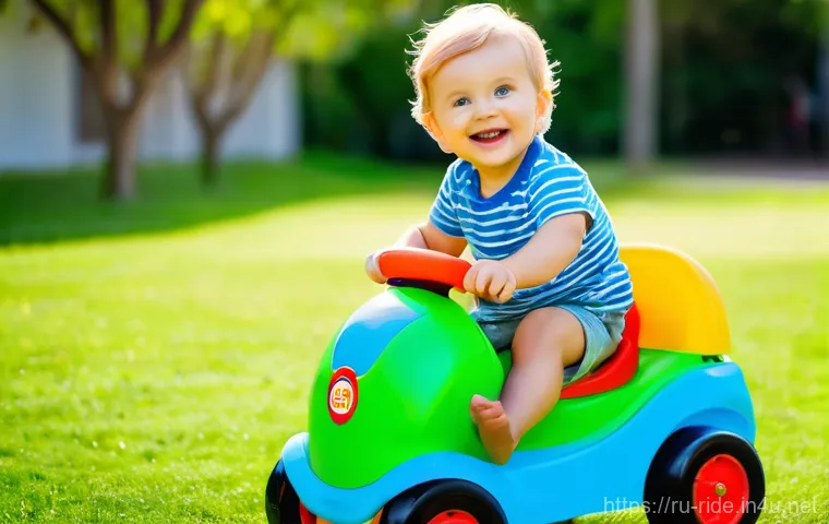 승용완구 연령 제한 정보 - **Joyful Toddler on a Ride-On Toy**: A cheerful toddler, approximately 12-18 months old, with bright...