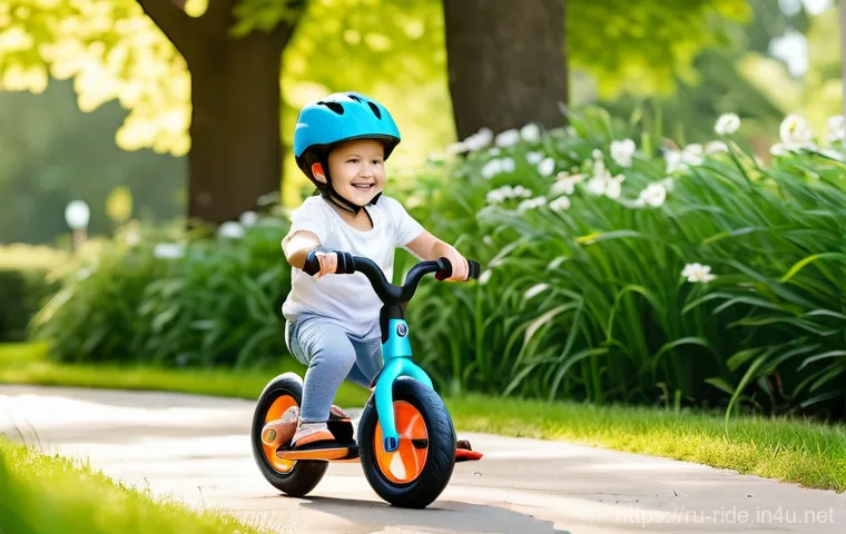 승용완구 연령 제한 정보 - **Adventurous Child on a Balance Bike**: A spirited child, around