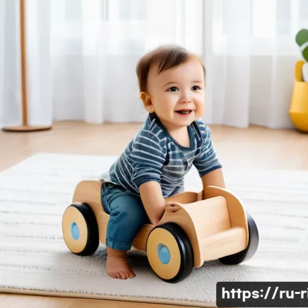 승용완구 브랜드 추천 - A cozy indoor scene featuring a toddler wearing a diaper sitting on a sturdy eco-friendly wooden rid...
