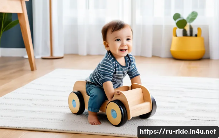 승용완구 브랜드 추천 - A cozy indoor scene featuring a toddler wearing a diaper sitting on a sturdy eco-friendly wooden rid...