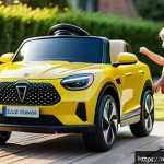 승용완구 AI 기능 추가 - A modern children's electric car equipped with obstacle sensors, shown stopping automatically just b...