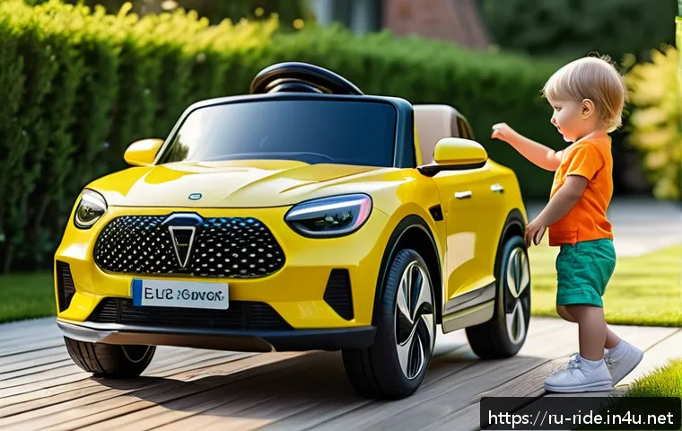 승용완구 AI 기능 추가 - A modern children's electric car equipped with obstacle sensors, shown stopping automatically just b...