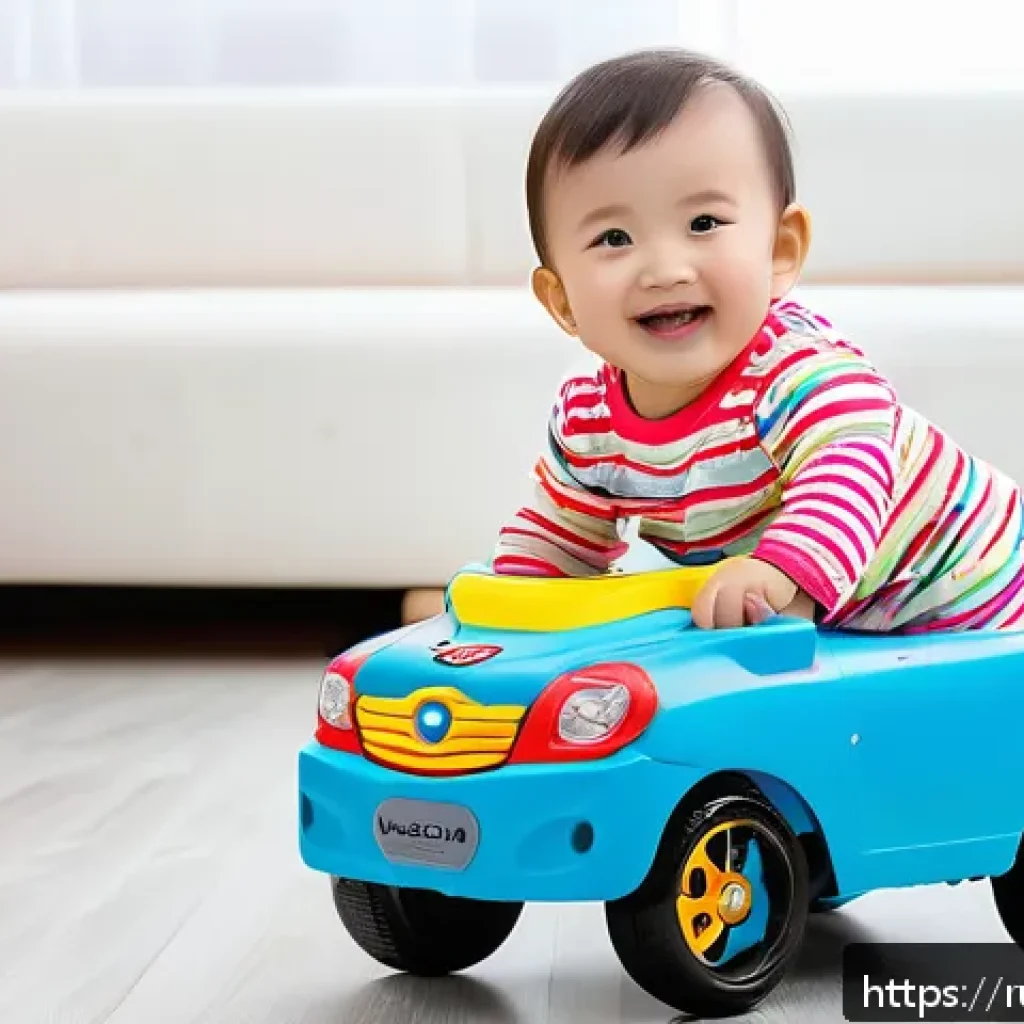 승용완구 스토리 중심 콘텐츠 - A cheerful toddler wearing a colorful diaper, playing joyfully with a sturdy plastic ride-on toy car...