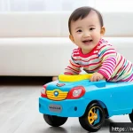 승용완구 스토리 중심 콘텐츠 - A cheerful toddler wearing a colorful diaper, playing joyfully with a sturdy plastic ride-on toy car...