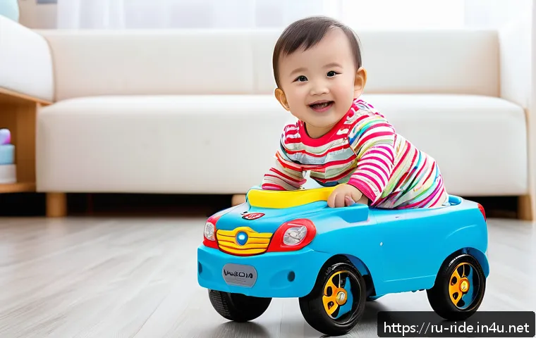 승용완구 스토리 중심 콘텐츠 - A cheerful toddler wearing a colorful diaper, playing joyfully with a sturdy plastic ride-on toy car...