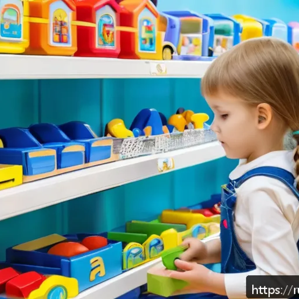 승용완구 EN71 기준 - A bright and colorful children’s toy store shelf in a modern Russian retail environment, featuring v...