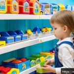 승용완구 EN71 기준 - A bright and colorful children’s toy store shelf in a modern Russian retail environment, featuring v...