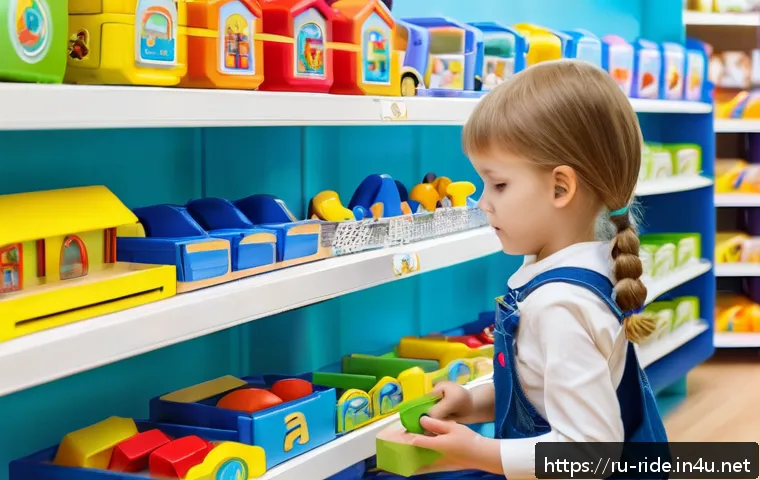 승용완구 EN71 기준 - A bright and colorful children’s toy store shelf in a modern Russian retail environment, featuring v...