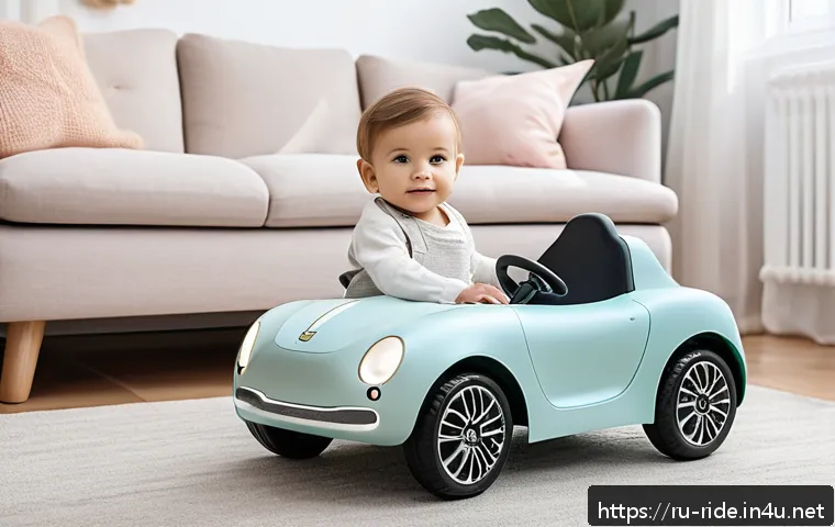 승용완구 무소음 설계 - A quiet children’s electric ride-on car designed for indoor play in a cozy Russian apartment setting...