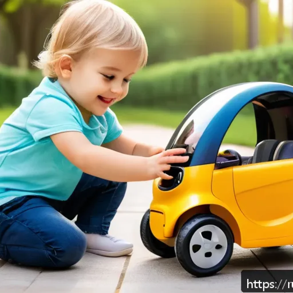 승용완구 연령대별 사용법 - A toddler aged 1-3 years sitting securely in a compact electric toy car designed for young children,...