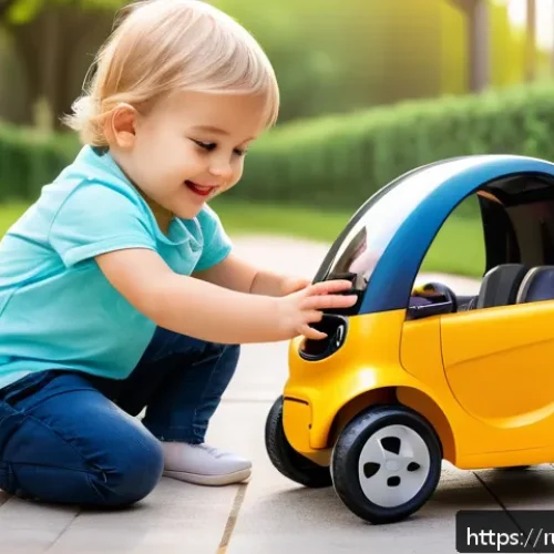 승용완구 연령대별 사용법 - A toddler aged 1-3 years sitting securely in a compact electric toy car designed for young children,...