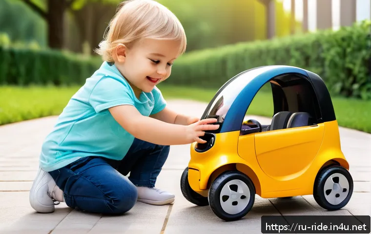 승용완구 연령대별 사용법 - A toddler aged 1-3 years sitting securely in a compact electric toy car designed for young children,...