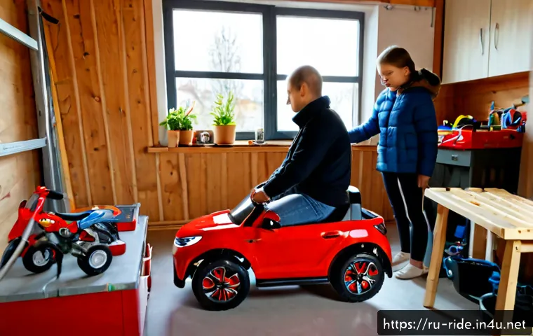 승용완구 커스텀 팁 - Photorealistic family workshop scene in a cozy Russian apartment garage, a parent customizing a chil...