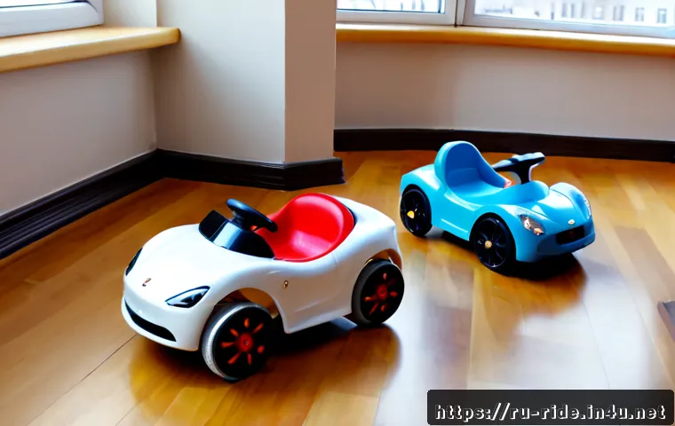 Home 15 승용완구 저가형 분석 - Photorealistic product comparison scene of two affordable toddler ride-on toys, a compact plastic pu...